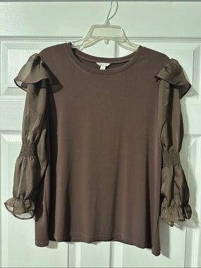 Brown Puff Sleeve Top with Sheer Ruffled Sleeves